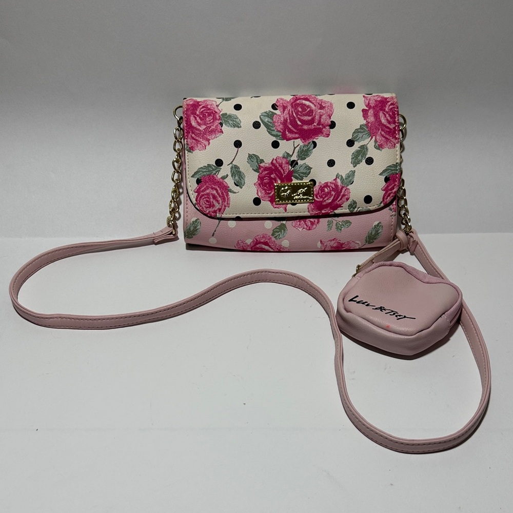 Luv Betsey by Betsey Johnson Rose Print Pink Crossbody Bag - Chain Strap & Pouch